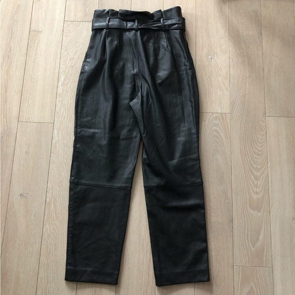H&M Faux Leather High Waisted Paper Bag Pants with Belt in Black Size 4 - Picture 3 of 11